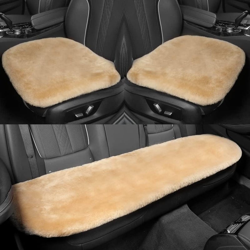 IRIWOOL Genuine Sheepskin Auto Seat Pad,Soft Wool Seat Cover Breathable and Sweat-Wicking Comfort Warm Universal Fit (Front seat Cushion 2pcs & Rear seat Cushion 1pc, Khaki) - Image 1